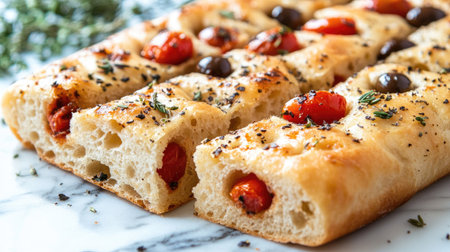 Close-up shot of freshly sliced focaccia bread showcasing its golden crust, fresh tomatoes, and herbs, perfect for culinary creations and gatherings.の素材