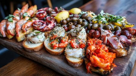 A vibrant assortment of cicchetti featuring shrimp, olives, and toppings on toasted bread. Perfect for sharing at gatherings or enjoying casual dining.の素材