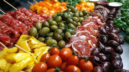 A vibrant display of colorful Spanish pinchos, featuring a variety of fresh ingredients like olives, tomatoes, and meats, perfect for appetizers or culinary exploration.の素材