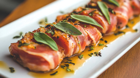 Discover a modern take on saltimbocca presented beautifully on a plate. This close-up shot showcases fresh ingredients and herbs that enhance its visual appeal.の素材