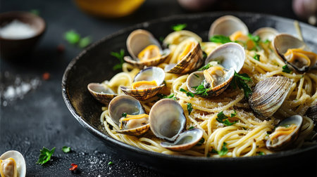 A vibrant bowl of spaghetti alle vongole featuring fresh clams, herbs, and a sprinkle of cheese, perfect for seafood lovers and fine dining.の素材