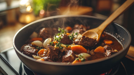 A cozy kitchen scene featuring a pan of simmering beef stew. Colorful vegetables and herbs fill the dish, creating an inviting and warm atmosphere perfect for home cooking.の素材