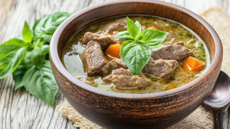 A cozy bowl of chicken soup filled with fresh ingredients, garnished with basil. Perfect for a warm meal on a chilly day, ideal for home cooking.の素材