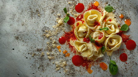 A beautiful and creative arrangement of tortellini on a textured surface, showcasing an artistic food presentation with vibrant colors and fresh ingredients.の素材