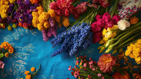 A vibrant display of assorted flowers arranged flat against a vivid background, showcasing a variety of colors and styles ideal for any creative project or design need.の素材