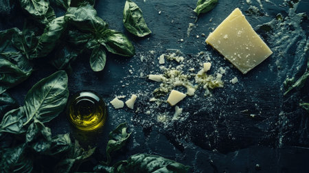 A beautiful arrangement of fresh basil leaves and Parmesan cheese lies on a rustic surface, showcasing vibrant colors and textures, perfect for culinary inspiration.の素材
