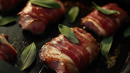 Indulge in a gourmet experience with this close-up of modern-style saltimbocca. The dish features succulent meat wrapped in herbs, perfect for culinary enthusiasts.の素材