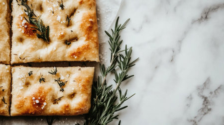 Enjoy a delectable view of freshly sliced focaccia, adorned with aromatic sprigs of rosemary. Perfect for a culinary delight or rustic gathering.の素材