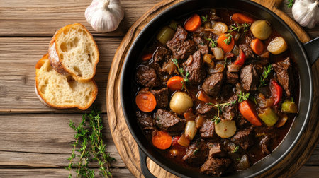 A flavorful beef bourguignon stew featuring tender meat and colorful vegetables like carrots and onions, served with slices of bread for a comforting meal.の素材