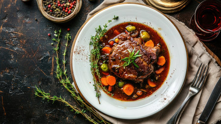 Discover the richness of braised veal ossobuco served on a rustic plate, surrounded by vibrant vegetables and aromatic herbs, creating a hearty meal.の素材