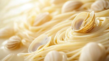 A minimalist presentation of spaghetti with fresh clams on a soft, warm background. The elegant dish showcases the simplicity and beauty of Italian cuisine.の素材