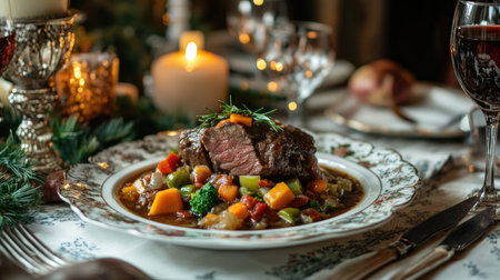 Indulge in a rich braised veal ossobuco beautifully presented on an elegant table. The dish, adorned with vibrant vegetables and herbs, exudes warmth and comfort, perfect for any festive gathering.の素材