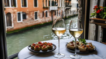 Enjoy a picturesque moment in a Venetian snack bar featuring exquisite appetizers and wine, offering a stunning view of the canal and charming cityscape.の素材