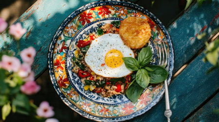 Enjoy a vibrant plate of stir fried basil pork topped with a sunny-side-up egg, served alongside a crispy garnish. Perfect for any meal!の素材