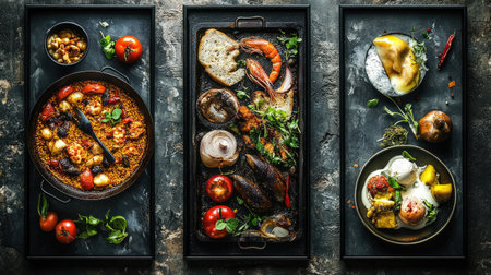 A rich visual collage featuring traditional European dishes, beautifully arranged on rustic tables. The vibrant colors and textures highlight gourmet cuisine.の素材