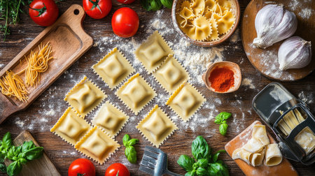 A rustic kitchen scene featuring fresh ravioli being prepared with vibrant ingredients like ripe tomatoes, garlic, and fresh herbs, showcasing culinary artistry.の素材