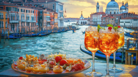 A captivating display of cicchetti and refreshing drinks against a stunning Venetian backdrop, showcasing the essence of Italian culinary tradition at sunset.の素材