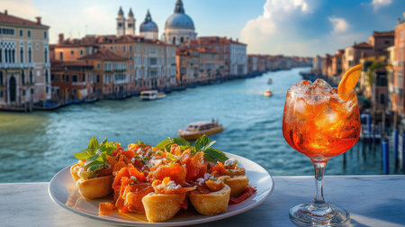 A scenic riverside view showcasing a plate of cicchetti and a refreshing drink, encapsulating the essence of Italian outdoor dining and vibrant culture.の素材