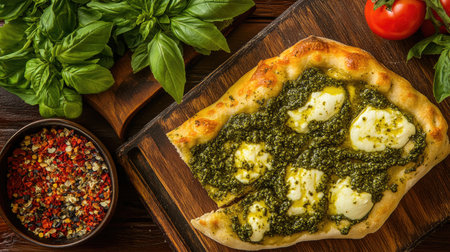 A rustic wooden table showcases a freshly baked pesto dish with cheese and herbs, accompanied by vibrant basil and tomato for a flavorful presentation.の素材