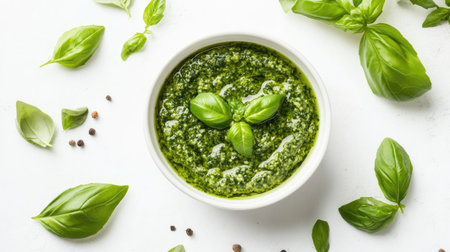 A vibrant bowl of fresh green pesto garnished with basil leaves, perfect for enhancing dishes, dips, or as a flavorful ingredient in various recipes.の素材