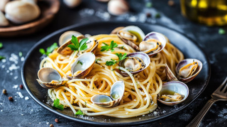 Indulge in a tantalizing plate of spaghetti alle vongole, featuring fresh clams and herbs. Perfect for food lovers and culinary enthusiasts alike.の素材