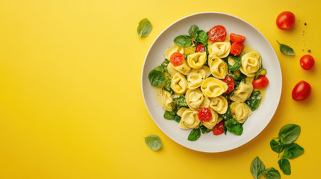A delicious serving of fresh tortellini with vibrant veggies like tomatoes and spinach on a bright yellow background, perfect for food photography.の素材