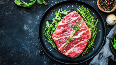 This striking overhead image showcases fresh meat garnished with herbs and spices, perfect for culinary inspiration and food photography.の素材