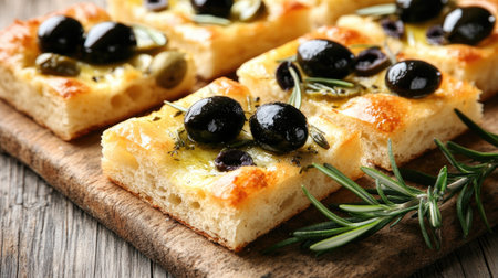 Indulge in this stunning focaccia topped with olives and fresh herbs. Perfect for appetizers, this rustic bread is a staple of Italian cuisine.の素材
