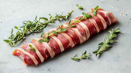 Discover a stylish presentation of saltimbocca alla romana garnished with fresh herbs. This dish highlights Italian flavors, perfect for gourmet dining.の素材
