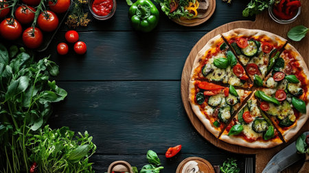 A stunning overhead view of fresh pizzas surrounded by vibrant ingredients. Perfect for culinary inspiration or food photography showcasing delicious flavors.の素材