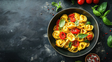 A vibrant tortellini dish featuring fresh tomatoes and basil, artfully presented on a dark background. Perfect for showcasing delicious Italian cuisine.の素材