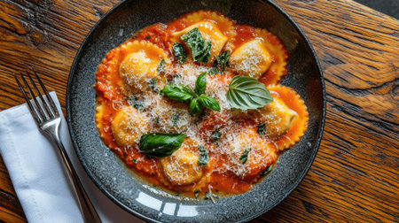 A vibrant top view of a plate filled with delicious ravioli served in a rich tomato sauce, garnished with fresh basil and cheese, perfect for a gourmet meal.の素材