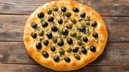 A top view of a golden brown focaccia bread topped with green and black olives and fresh herbs. Perfect for showcasing rustic Italian cuisine.の素材