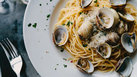A generous serving of spaghetti topped with fresh clams, garnished with herbs, offers a delicious Italian dining experience perfect for seafood lovers.の素材