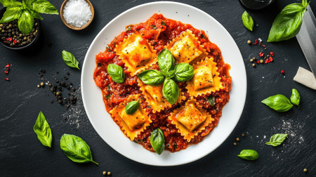 A top view of ravioli covered in rich tomato sauce, garnished with fresh basil. This vibrant dish exemplifies Italian cuisine and is perfect for any meal.の素材