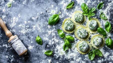 A top-down shot of handmade spinach and ricotta ravioli arranged on a dark surface, accented with fresh basil leaves and scattered flour, ideal for culinary inspiration.の素材