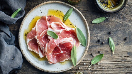Captivating top view of saltimbocca alla Romana featuring fresh meat slices drizzled with oil and garnished with herbs, perfect for culinary presentations.の素材