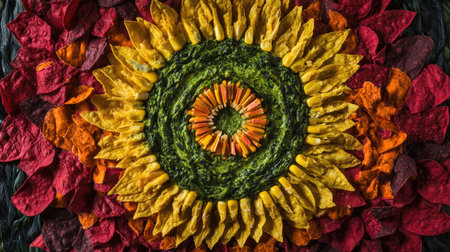A beautifully arranged display featuring creamy spinach and artichoke, artistically shaped like a sunflower, exhibiting vibrant colors and textures ideal for culinary presentations.の素材
