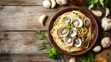 A top-down view of a rustic wooden table featuring a delicious pasta and clams dish, garnished with fresh herbs and garlic. Perfect for culinary inspiration.の素材