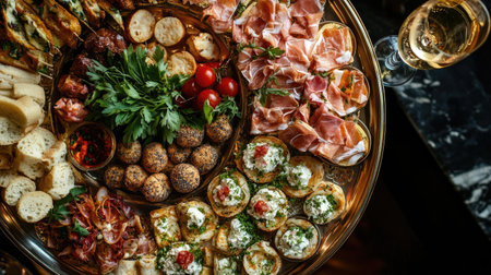 A stunning top-down shot of an elegant platter featuring a variety of cicchetti, beautifully arranged with vibrant ingredients and served with wine. Perfect for gatherings.の素材