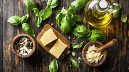 A top-down view showcasing fresh basil, olive oil, and cheese on a rustic wooden table, highlighting essential ingredients for homemade dishes or recipes.の素材