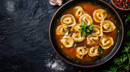 A stunning top view of tortellini nestled in a rich broth, garnished with fresh herbs. This vibrant dish is perfect for a cozy dinner or elegant dining experience.の素材