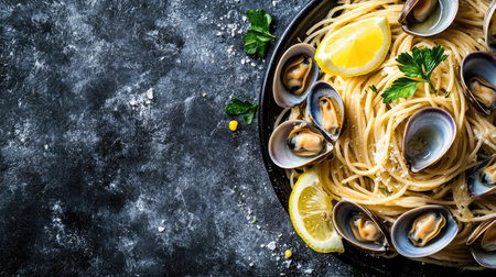 A top down view of delicious spaghetti alle vongole with fresh clams and lemon, beautifully arranged on a rustic table, showcasing vibrant colors and textures.の素材