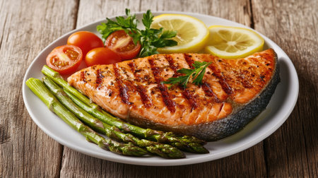 A vibrant grilled salmon steak served with fresh asparagus, succulent tomatoes, and lemon slices. Perfect for healthy dining and gourmet meals.の素材