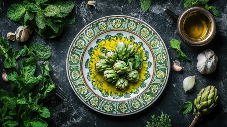 A vibrant top-down shot of artichokes alla Romana served on an intricately designed plate, surrounded by fresh herbs and garlic, showcasing Italian cuisine.の素材