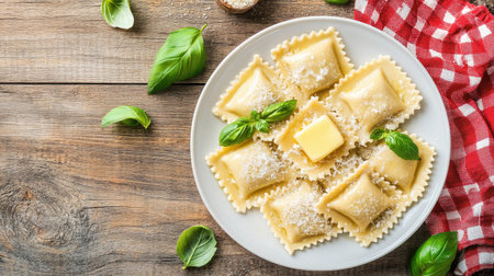 Indulge in this delightful plate of ravioli topped with butter and fresh basil, perfect for any gourmet meal. A rustic presentation enhances its appeal.の素材