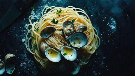 A stunning top-down view of spaghetti alle vongole, showcasing clams and fresh herbs on a plate, ideal for food lovers and culinary enthusiasts.の素材