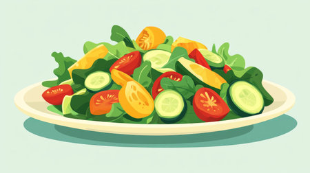A vibrant and colorful salad filled with fresh ingredients. Perfect for healthy diets, this dish features greens, tomatoes, cucumbers, and peppers for a refreshing meal.の素材