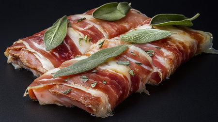 An artistic presentation of saltimbocca alla Romana featuring thinly sliced meat with fresh herbs, highlighting the dish's rich flavors and culinary charm.の素材