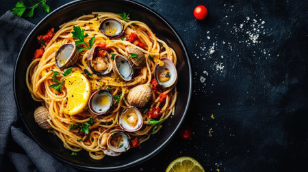 A visually appealing shot of spaghetti with seafood and fresh herbs, elegantly presented on a dark surface, ideal for cooking and dining themes.の素材